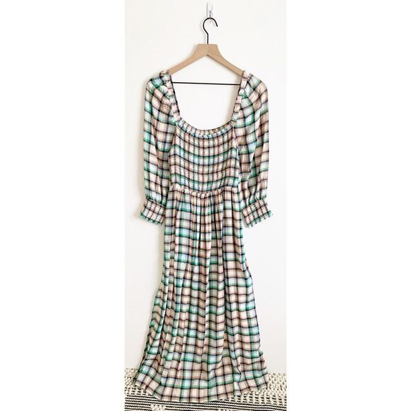 Anthropologie Maeve Cerie Smocked Midi Dress Gingham Plaid Multi Size S - Picture 2 of 11